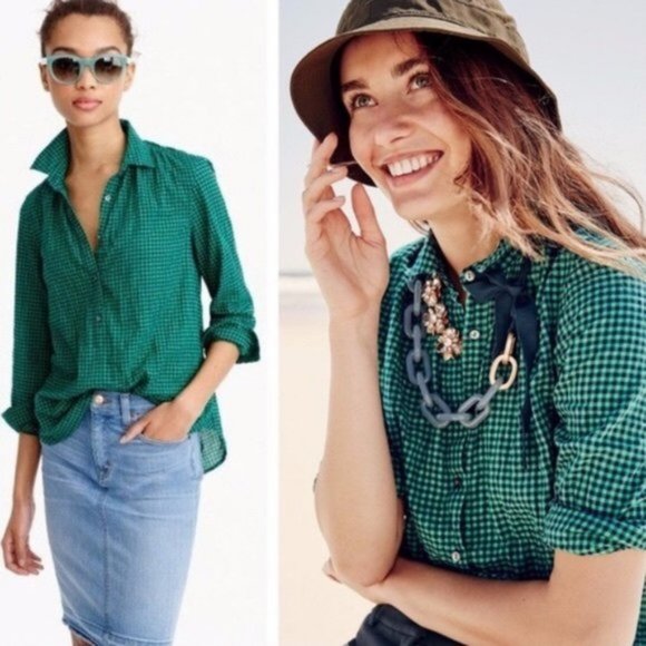 J. CREW Gathered Popover Gingham Navy Green Plaid 2 - Picture 1 of 9